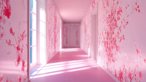 Sunlit pink hallway wrapped in soft blooming florals.