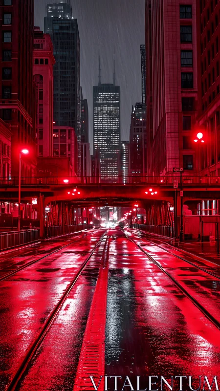 Nocturnal rain-slicked city corridor under saturated red luminance.
