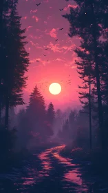 Iridescent magenta sunset over reflective forest stream corridor