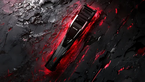 Black device on textured surface with red luminescent effects.