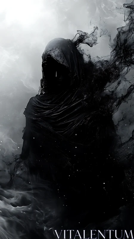 Hooded shadow figure emerging from swirling black mist.