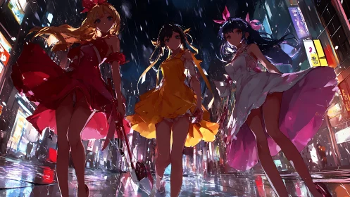 Three girls walk through neon city street in heavy rain