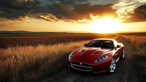 Red sports coupe parked on rural dirt road at sunset
