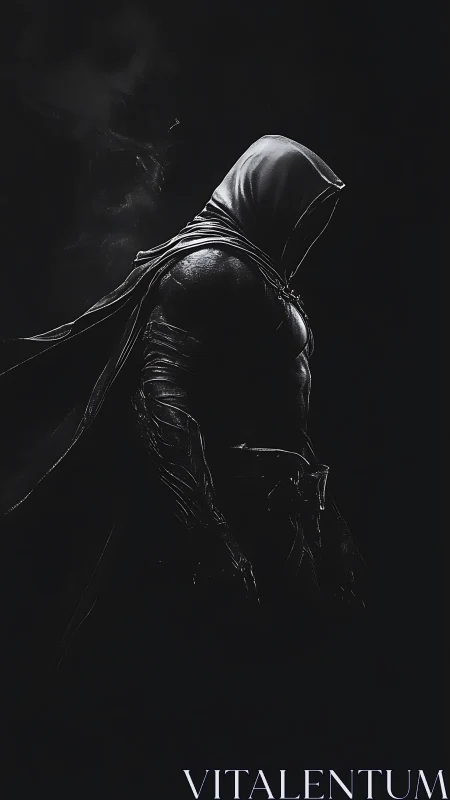 Shadow cloaked warrior stands calm in the silent darkness