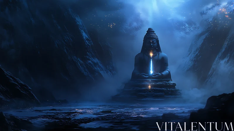 Colossal meditating deity channels luminous cosmic energy.