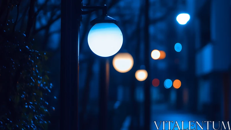 Blue dusk streetlights glow along blurred urban path.