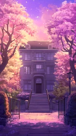 Multi-storey townhouse framed by flowering trees at dusk.