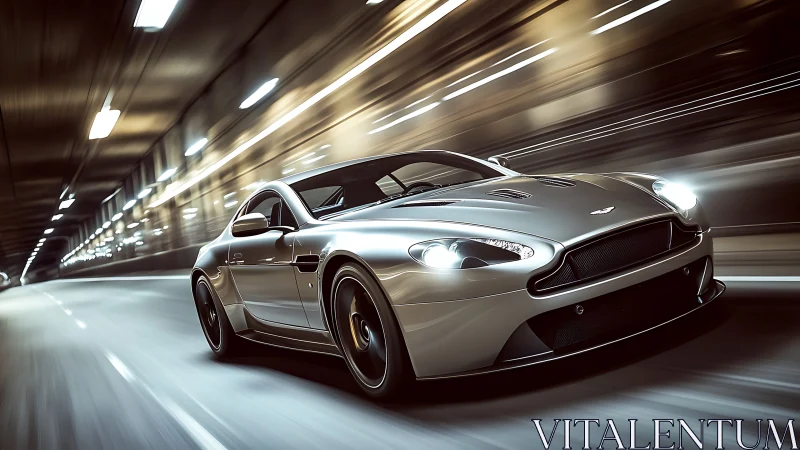 Silver sports car at speed in illuminated city tunnel.
