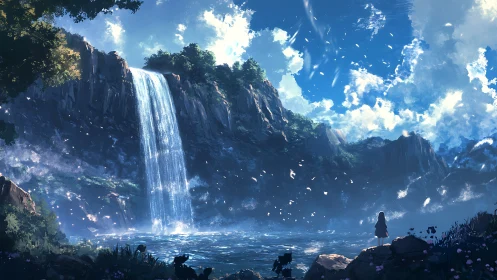 Solitary girl gazes at a luminous waterfall under vast sky