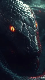 3D cinematic serpent portrait with molten ember eyes rendered.