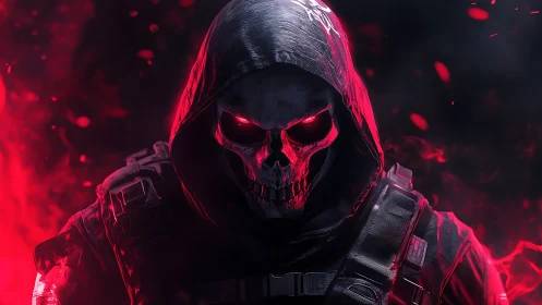 Hooded cyber reaper emerges through crimson digital smoke.