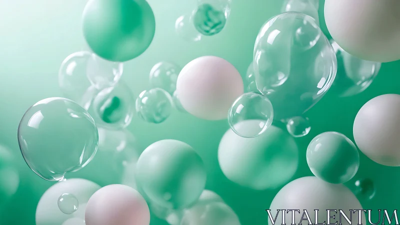 Green and white spheres with transparent bubbles in space.