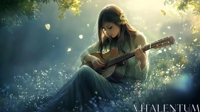Ethereal young guitarist in luminous forest glade at dusk