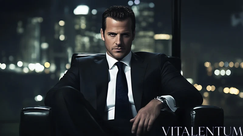 Confident businessman dominates a sleek office skyline night