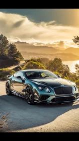 Photorealistic grand tourer coupe on coastal mountain road at sunset.