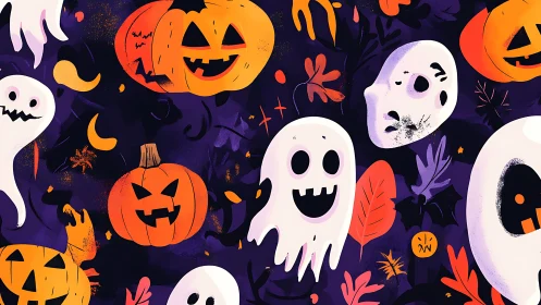 Playful pumpkin ghosts swirling through cozy Halloween night.