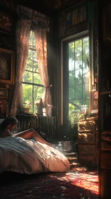 Morning volumetric light washes across cluttered vintage bedroom