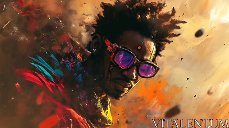 Cyberpunk portrait of man in neon glasses and swirling dust.