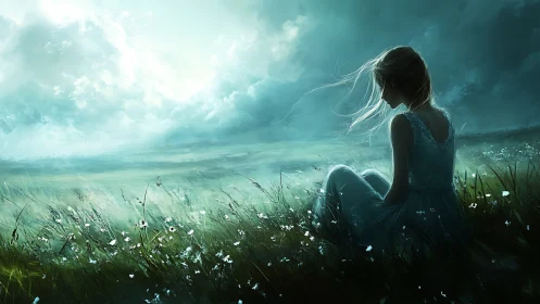 Solitary meadow dreamer beneath storm-brightened skies.