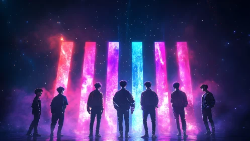 Silhouetted group before neon space portals at night.