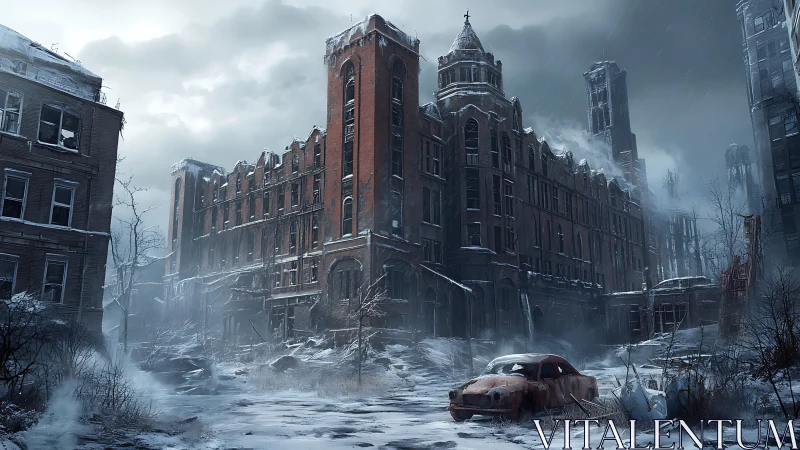 Snow covered abandoned urban street with derelict buildings.