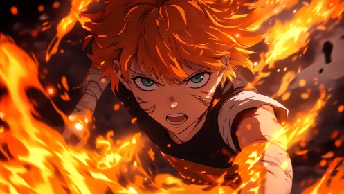 Fiery anime warrior lunges forward through swirling flames