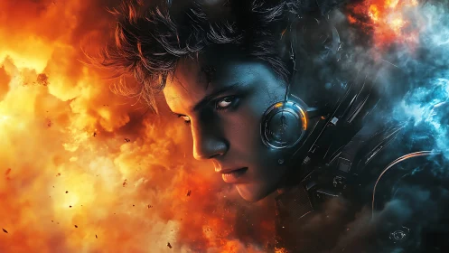 Fireborn cyber pilot between blazing chaos and cold calm.