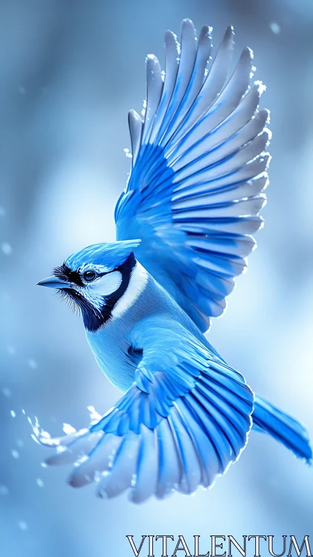 Crystalline Blue Jay in Flight Against Luminous Sky.