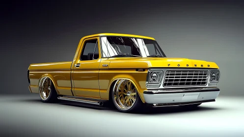 Yellow custom pickup truck with lowered stance in studio.