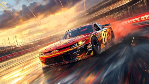 Sunset thunder laps as a blazing stock car slings fire across asphalt.