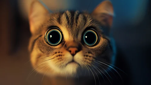 Wide-eyed tabby cat stares directly into shallow depth field
