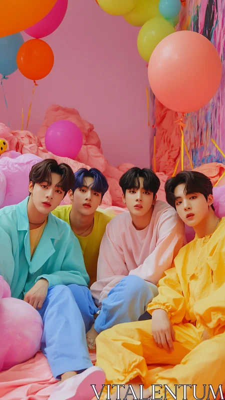 Four seated figures wear coordinated pastel and neon outfits
