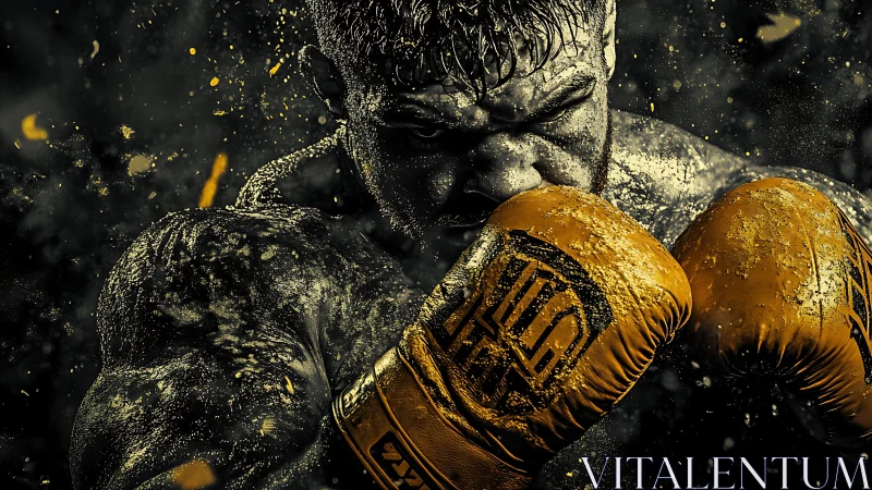 Golden Boxing Gloves Against Particle-Strewn Dark Background.