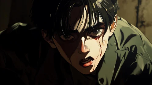 Bloodstreaked resolve ignites in a shadow-sliced gaze.