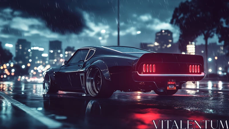 Retro muscle car idles in neon-lit rain with cinematic depth