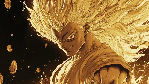 Anime power-figure portrait with dynamic golden energy field.