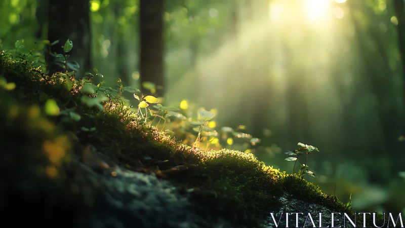 Sunlit Forest Floor with Moss and Leaves in Soft Focus Photography.