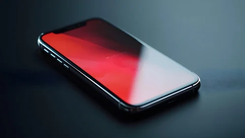 Modern smartphone with red screen on sleek dark surface, minimalist style.