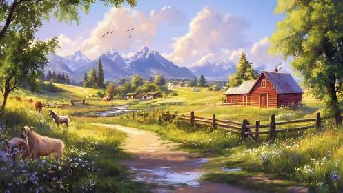 Sunlit mountain valley farmstead with grazing livestock and creek