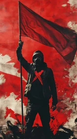 Masked urban protester raising stark red flag in stormy hues.