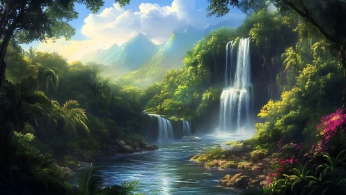 Digital landscape shows tiered waterfalls in dense jungle valley