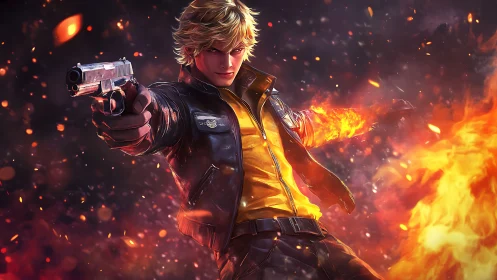 Blond action hero aiming pistol amid swirling firestorm.