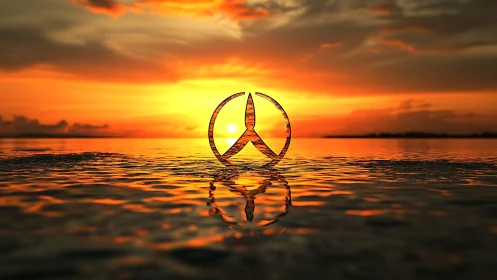 Chrome peace symbol rises from glowing ocean at sunset