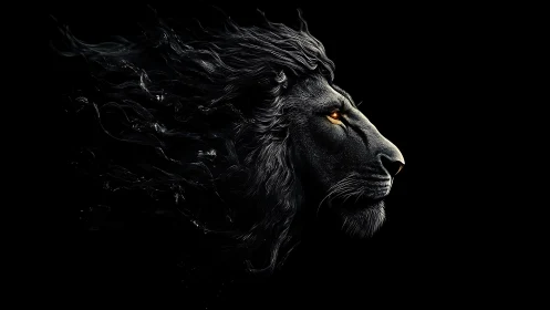 Digital painting profile of black lion with flowing mane.