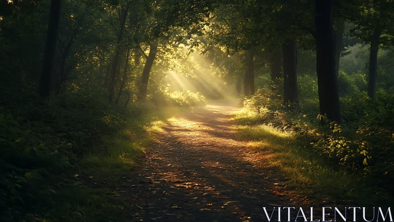 Forest path illuminated by directional sunlight through tree canopy