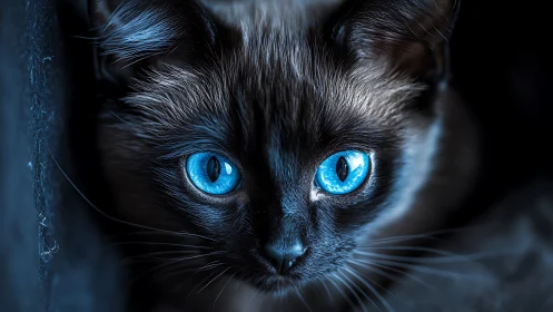 Black Feline with Blue Eyes - Frontal Close-Up.