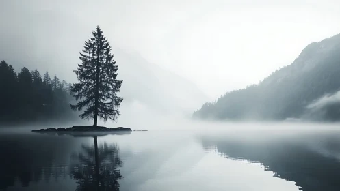 Solitary pine tree rises over misty alpine lake at dawn.