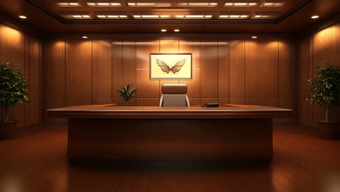 Warm executive office with glowing wood and quiet power.