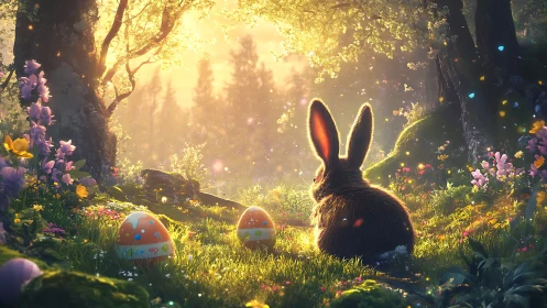 Easter rabbit sits in glowing forest meadow at sunrise.