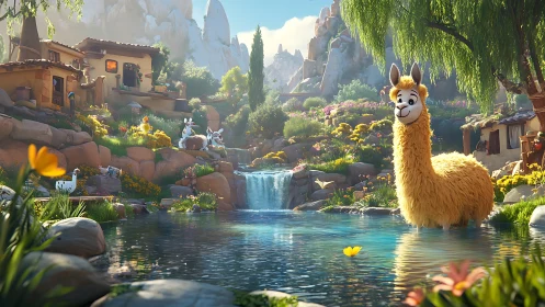 Cartoon llama in landscaped village valley with pond and falls.